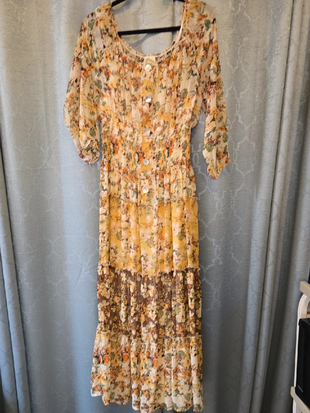 fig and flower Yellow Floral Tiered Maxi Dress with Brown Panel - Picture 1 of 5